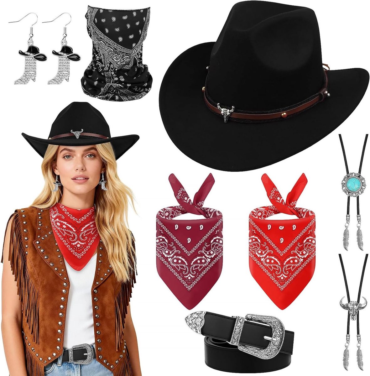 Compleet 8-delig cowgirl kostuum voor vrouwen en tieners met hoed en accessoires voor themafeesten, carnaval en Valentijnsdag