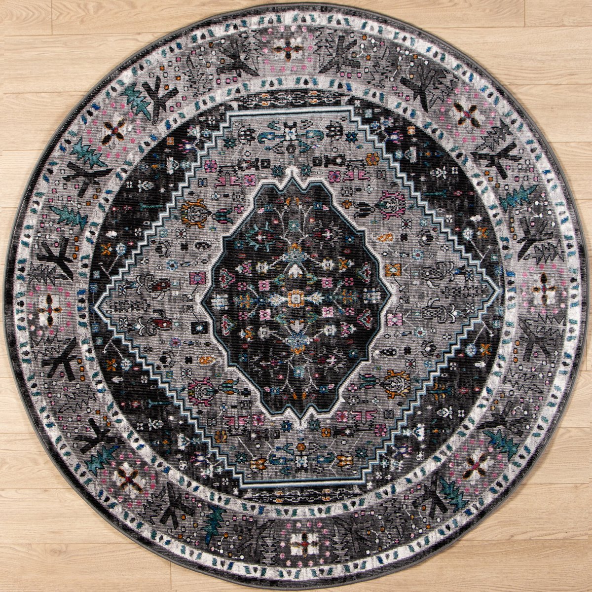 Muratap Picasso Paloma Rond Vintage Vloerkleed - Grijs - Laagpolig- 200 CM Ø