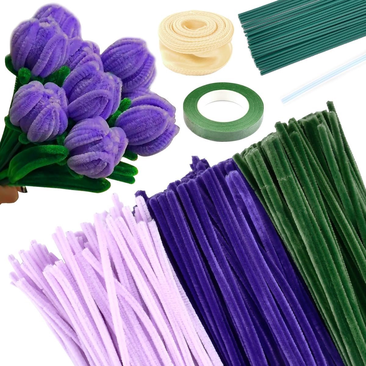 300 Stuks Pijpenragers voor Creatieve Knutselprojecten, Bloemen Set, Tulpen Boeket, Kleurrijke Bending Plush voor DIY Decoraties en Kunstwerken
