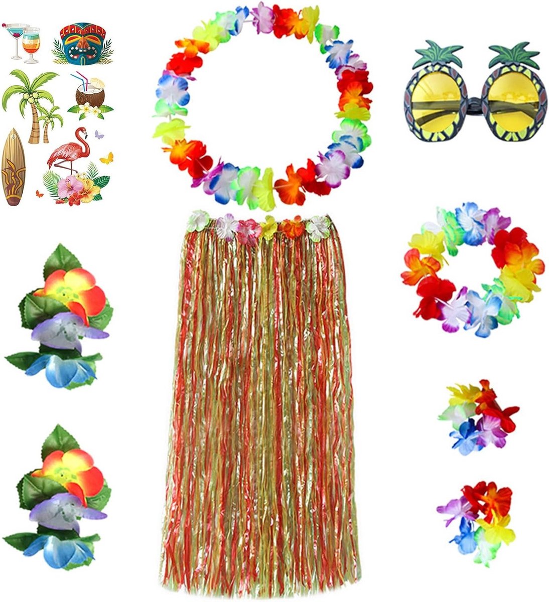 VIKSAUN 9pcs Hawaiian Hula Skirt Costume, Large Colorful Hawaiian Hula Grass Skirt, Hawaiian Slate, Hibiscus Hair - ShopVlot