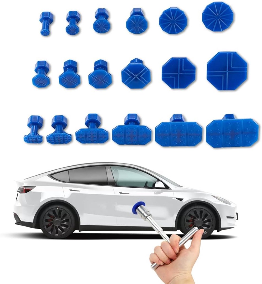 SnelShoppen - Dent Repair Kit Auto - Dent Verwijderaar Auto, T-Bar Trekker en 18 Blauwe Hechtingsplaten, Schadeherstel Zonder Schilderen, Dents Verwij