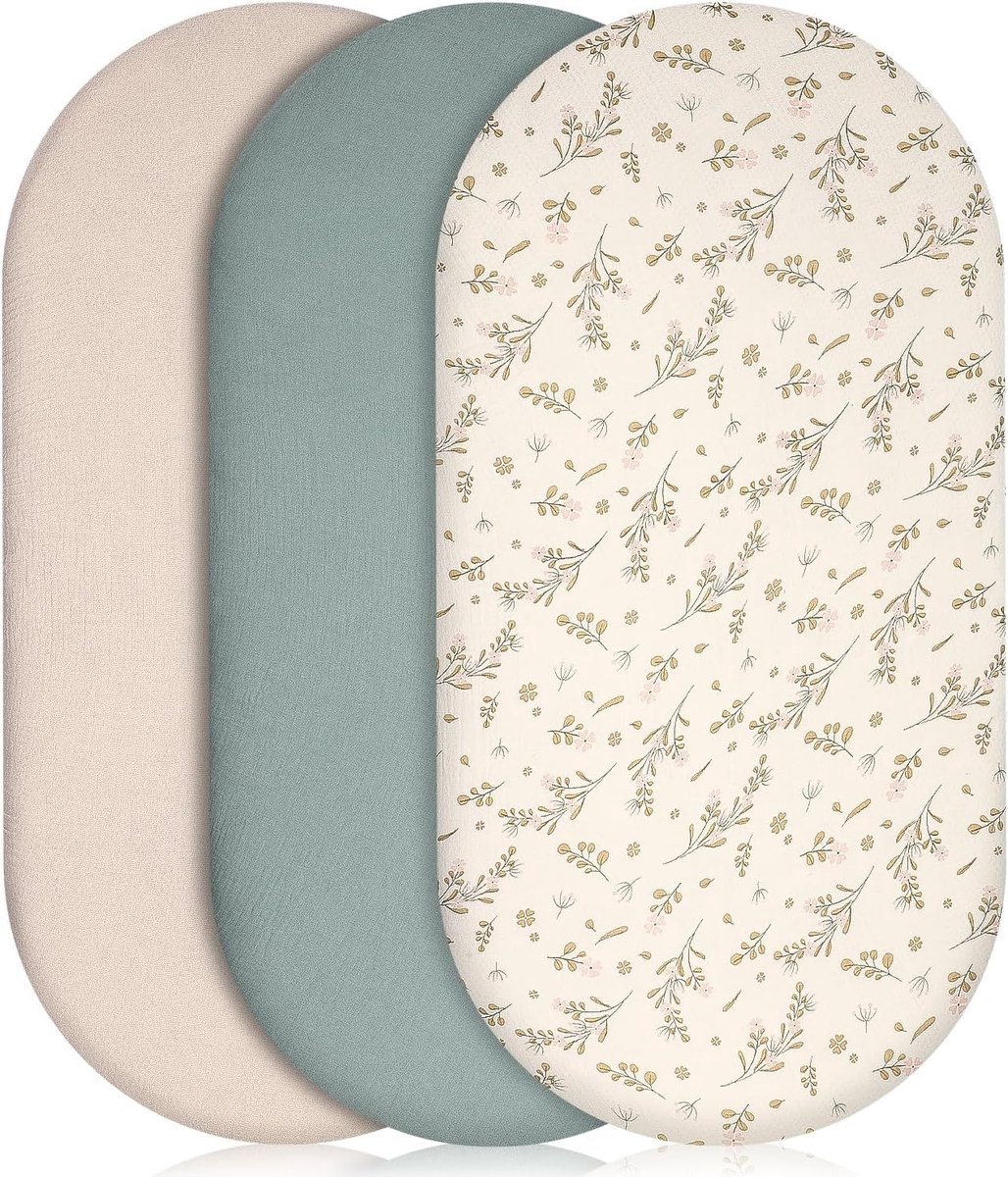 SnelShoppen - Bedlakens 3-Pack Baby, 100% Katoen, Muslin, Fitted Sheets voor Ovale en Rechthoekige Matrassen, 83 x 43 cm, Voor Cribs en Wiegjes