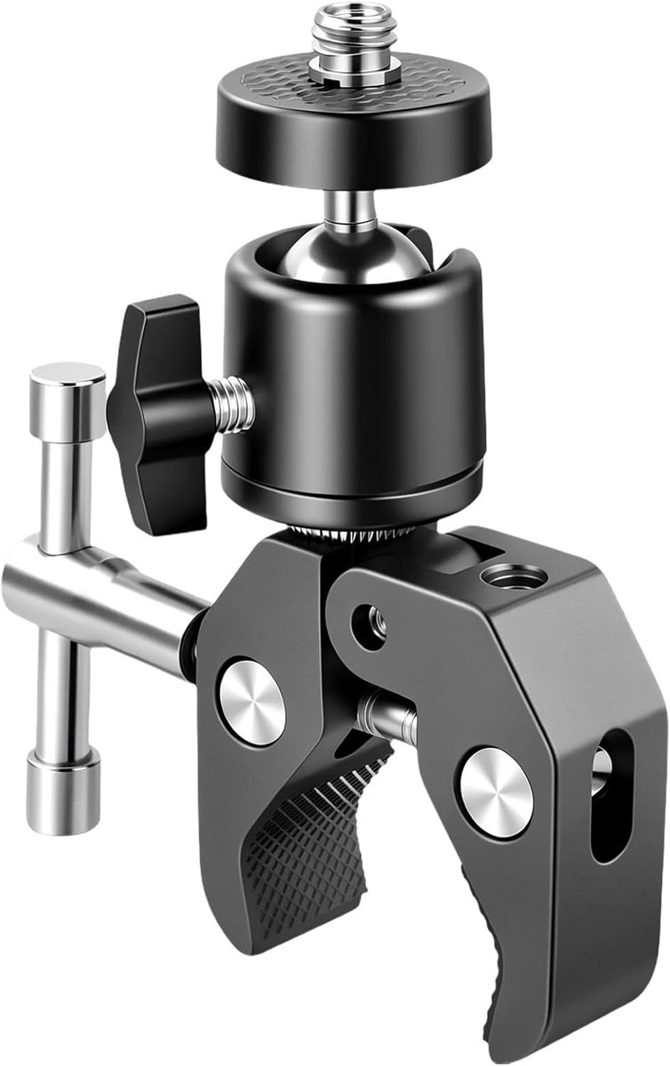 SnelShoppen - Camerahouder Super Clamp met 360° Kogelkop en 1/4 Inch Schroefdraad - Universele Statiefklem voor Action Cam, Fiets, Webcam, Flitser en