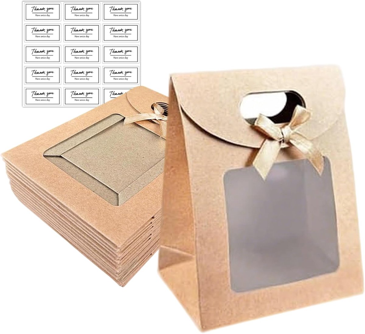 SnelShoppen - 15 Stuks Kleine Cadeauzakjes Transparant Papier met Handgrepen en Strik - Bruin Koekjeszakjes voor Feestjes en Gastgeschenken - Duurzaam