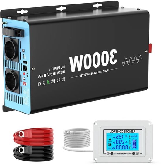 Omvormer – 12V Naar 230V – Stroomomzetter – Zuivere Sinus – Noodstroom – 3000W Continu Vermogen – Aluminium Behuizing
