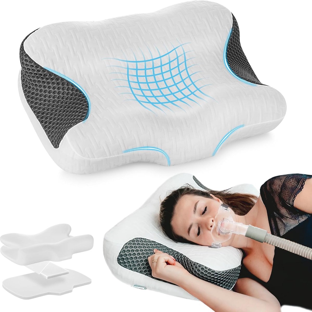 SnelShoppen - Ergonomisch Memory Foam CPAP Hoofdkussen voor Zijslapers, Verstelbare Neksteun, Compatibel met Diverse Maskers, Voor Rug- en Zijslapers