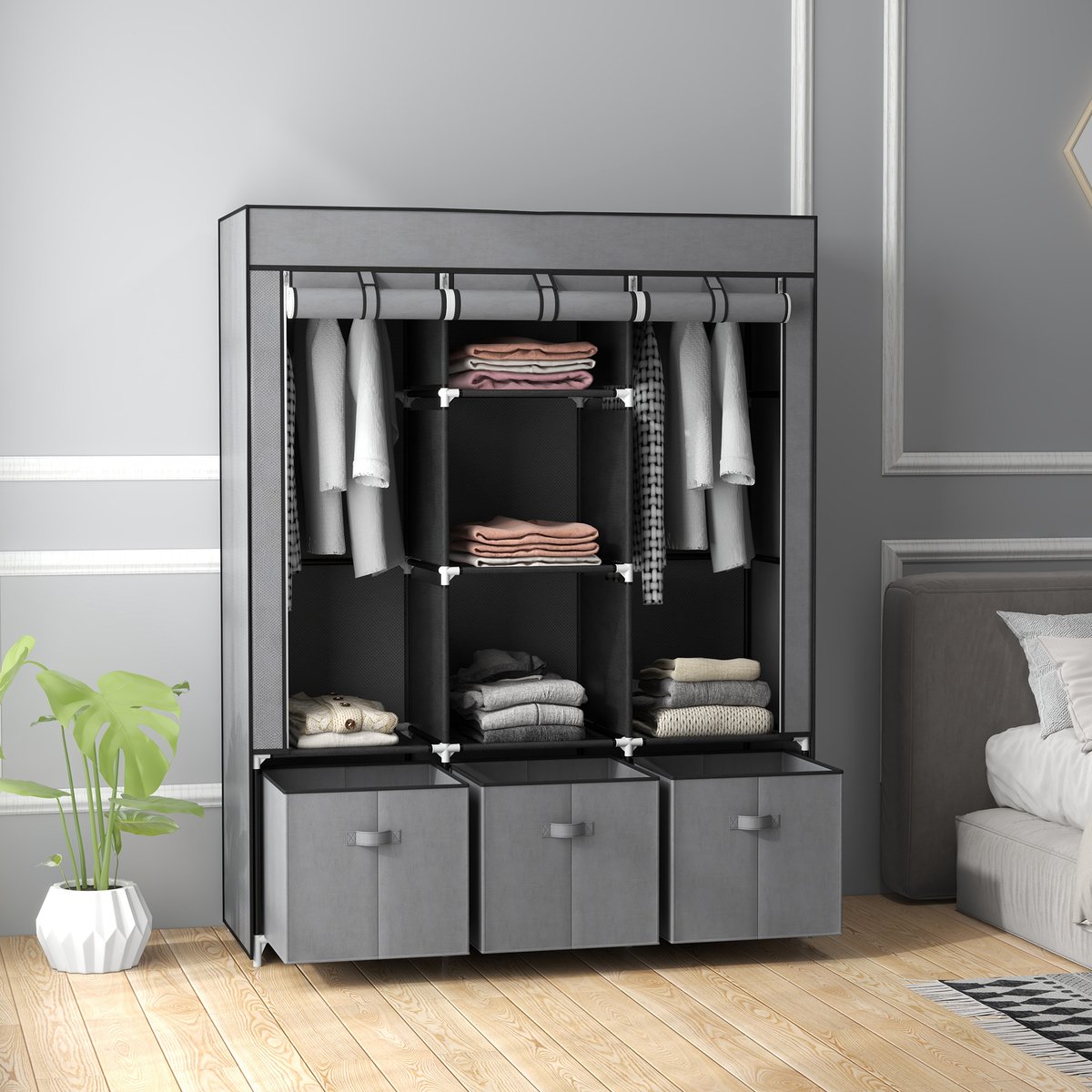 COVREO Kledingkast 125 x 43 x 162,5 cm – donkergrijs, met 2 hangroedes, 5 planken en 3 lades