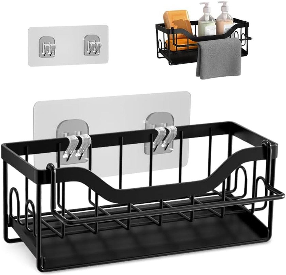 SnelShoppen - Organizer voor Gootsteen, Sponshouder Keuken met Handdoekhouder, Schuursponshouder zonder Boren, Zwart Koolstofstaal, Waterdoorlatend De