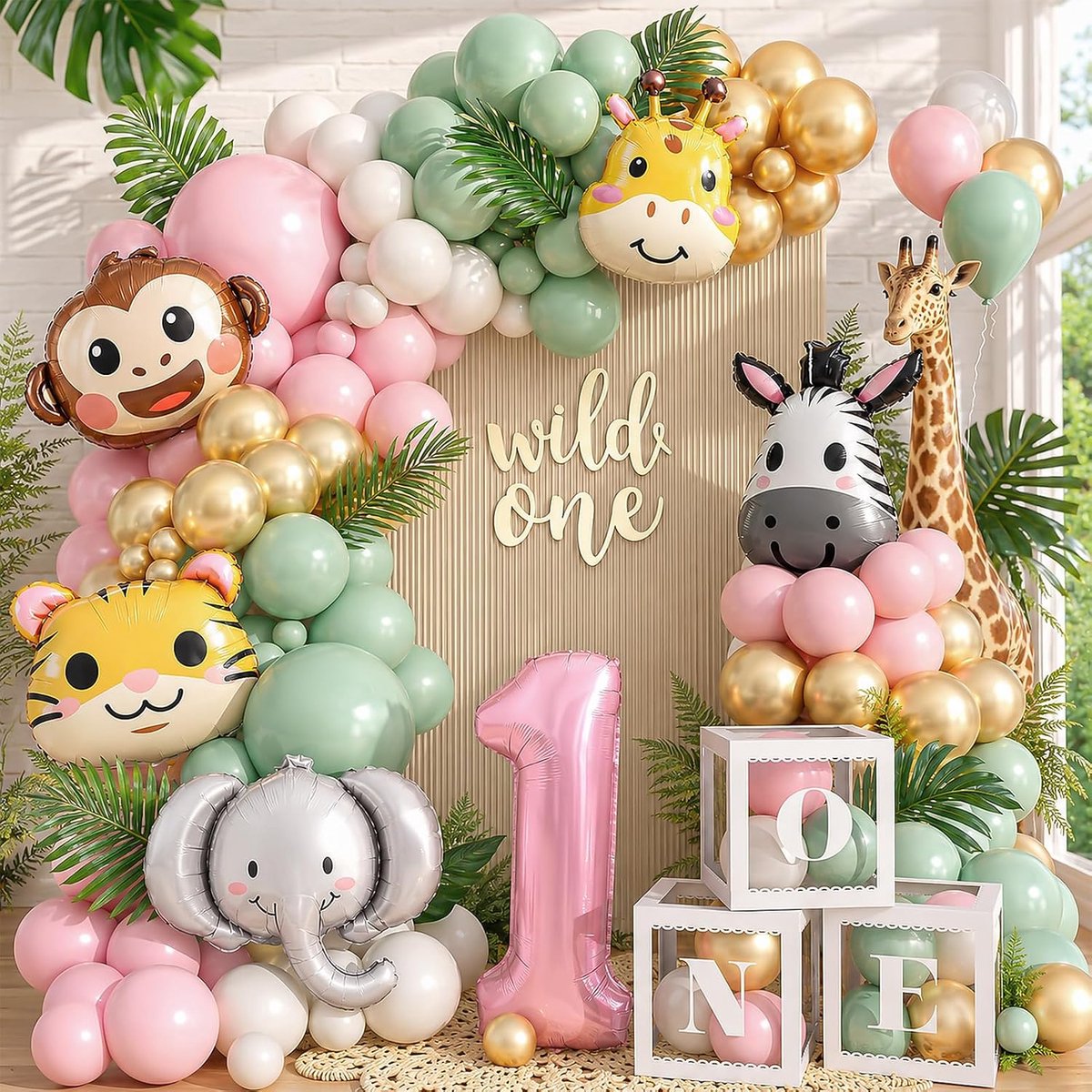 SnelShoppen - Jungle Verjaardagsdecoratie 1 Jaar Meisjes - 137 Delen Safari Versiering met Ballonbox, Folieballonnen, Ballon Garland voor Eerste Verja