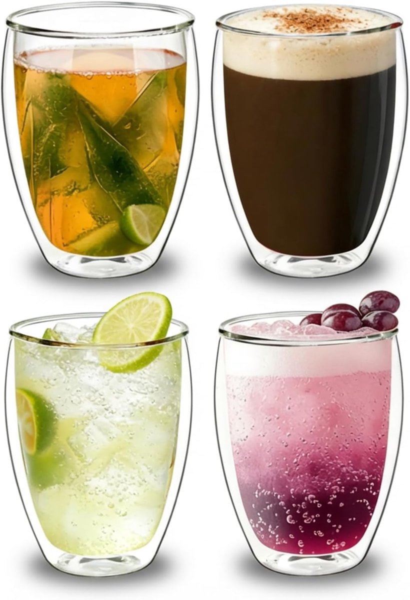 SnelShoppen - Double-walled glazen set van 4, borosilicate glas 400 ml, hittebestendig en luxe design, perfect voor feest, keuken en tuin