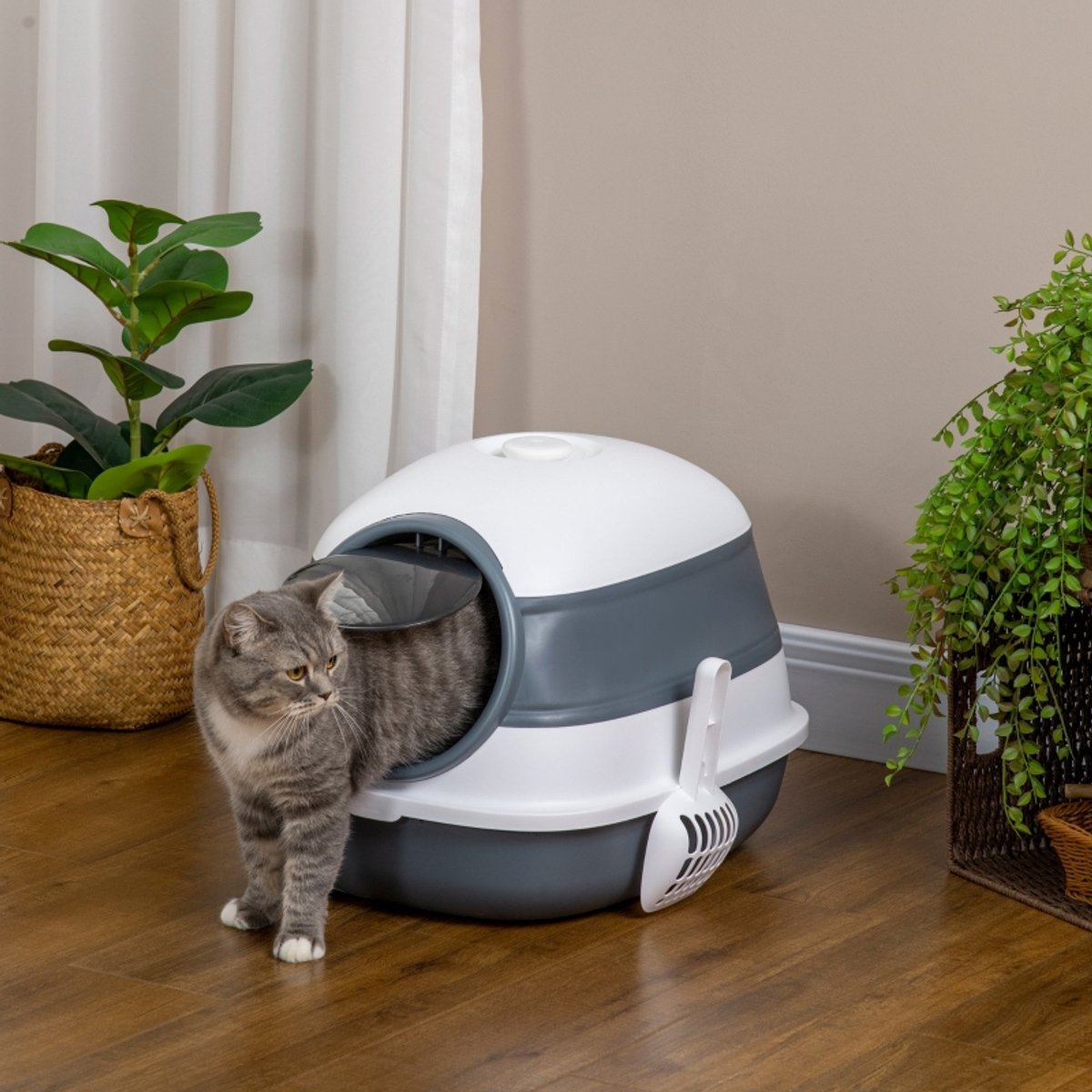 FloraGrace Kattenbak - Gesloten En Opvouwbaar - 52 X 41 X 38 Cm - Plastic - Wit Grijs - Met Geurfilter En Kattenbakschep Voor Katten Tot 5 Kg