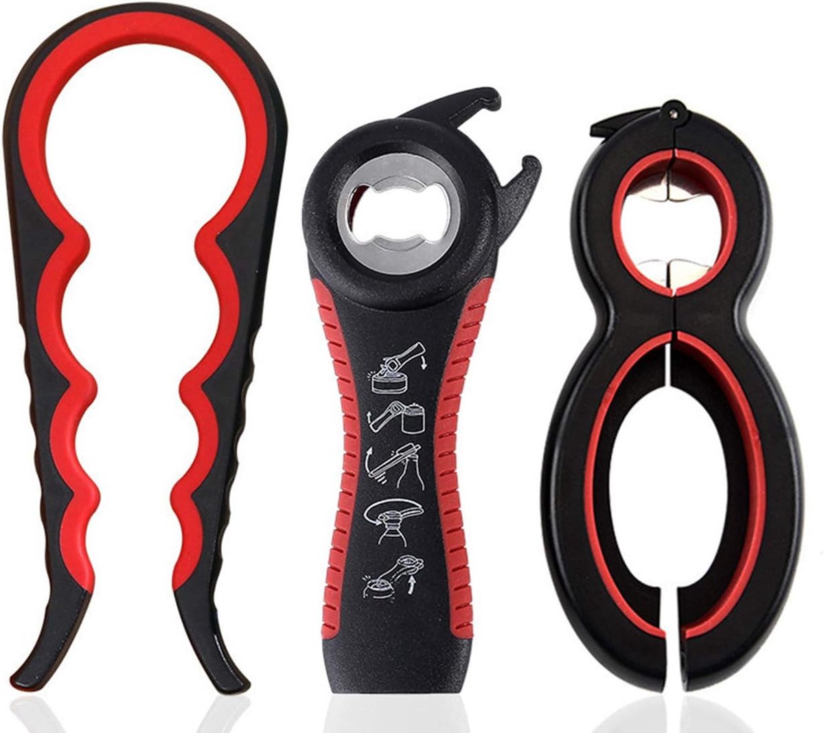 SnelShoppen - Lid Opener Set 3-Piece - Multifunctionele 4-in-1, 5-in-1 en 6-in-1 Flessen- en Blikopener voor Kinderen, Ouderen en Reuma, Rood