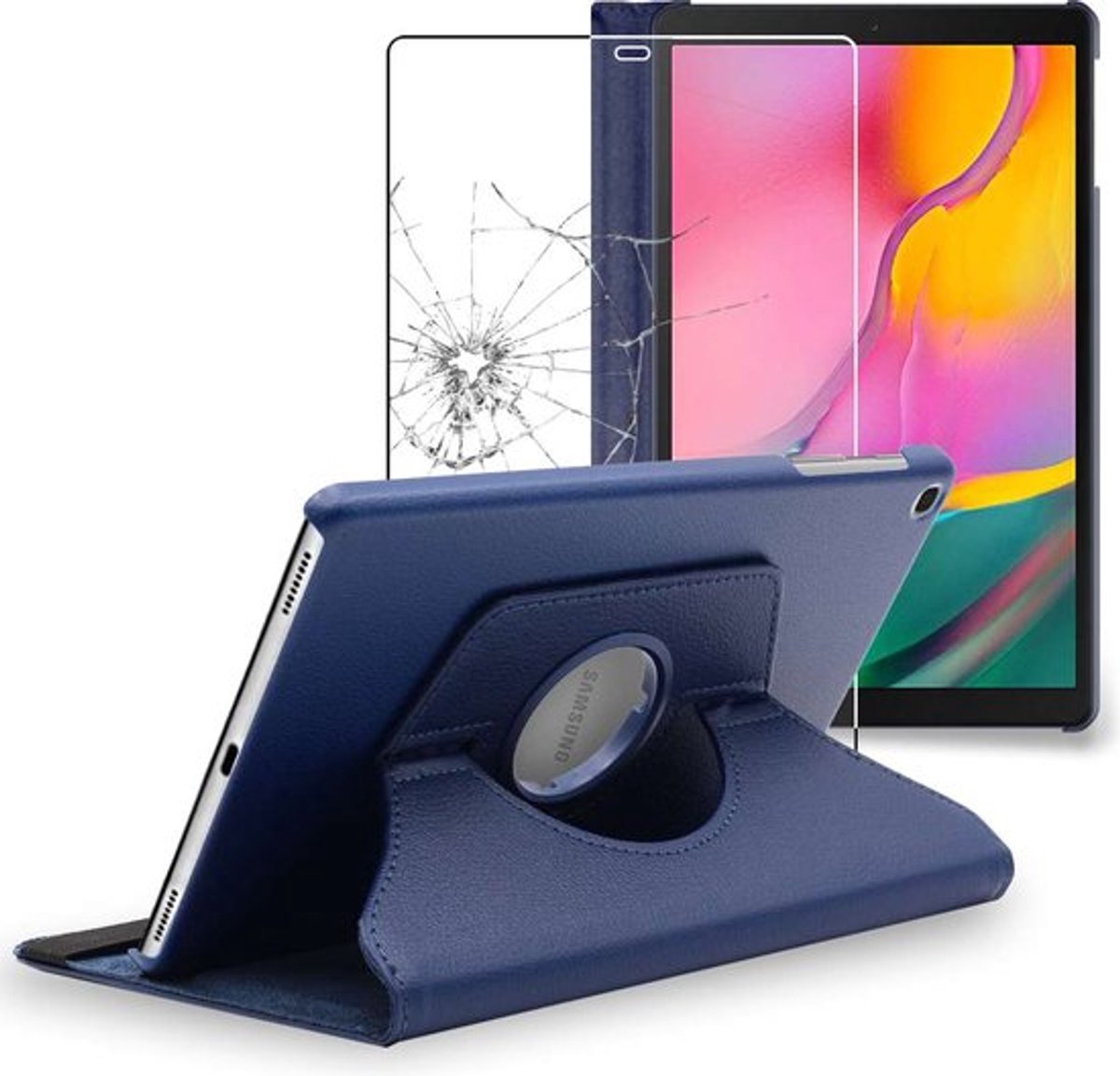 ebestStar - Hoes geschikt voor Samsung Galaxy Tab A 10.1 2019 T510 T515, Roterende Etui, Case, 360° Draaibaar hoesje, Donkerblauw + Gehard Glas