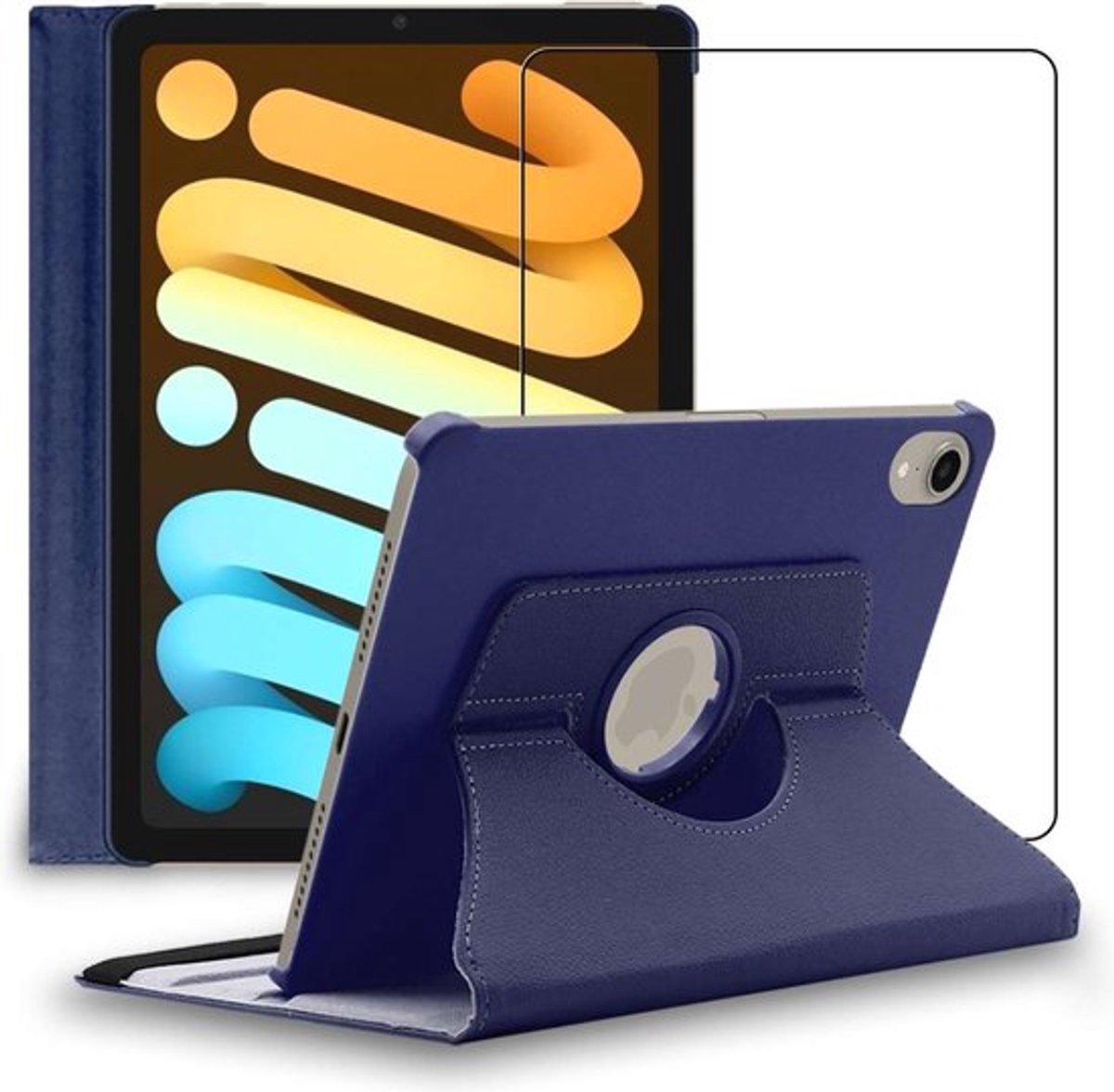 ebestStar - Hoes geschikt voor iPad mini 2021 8.3'' (6 gen) Apple, Roterende Etui, Case, 360° Draaibaar hoesje, Donkerblauw + Gehard Glas