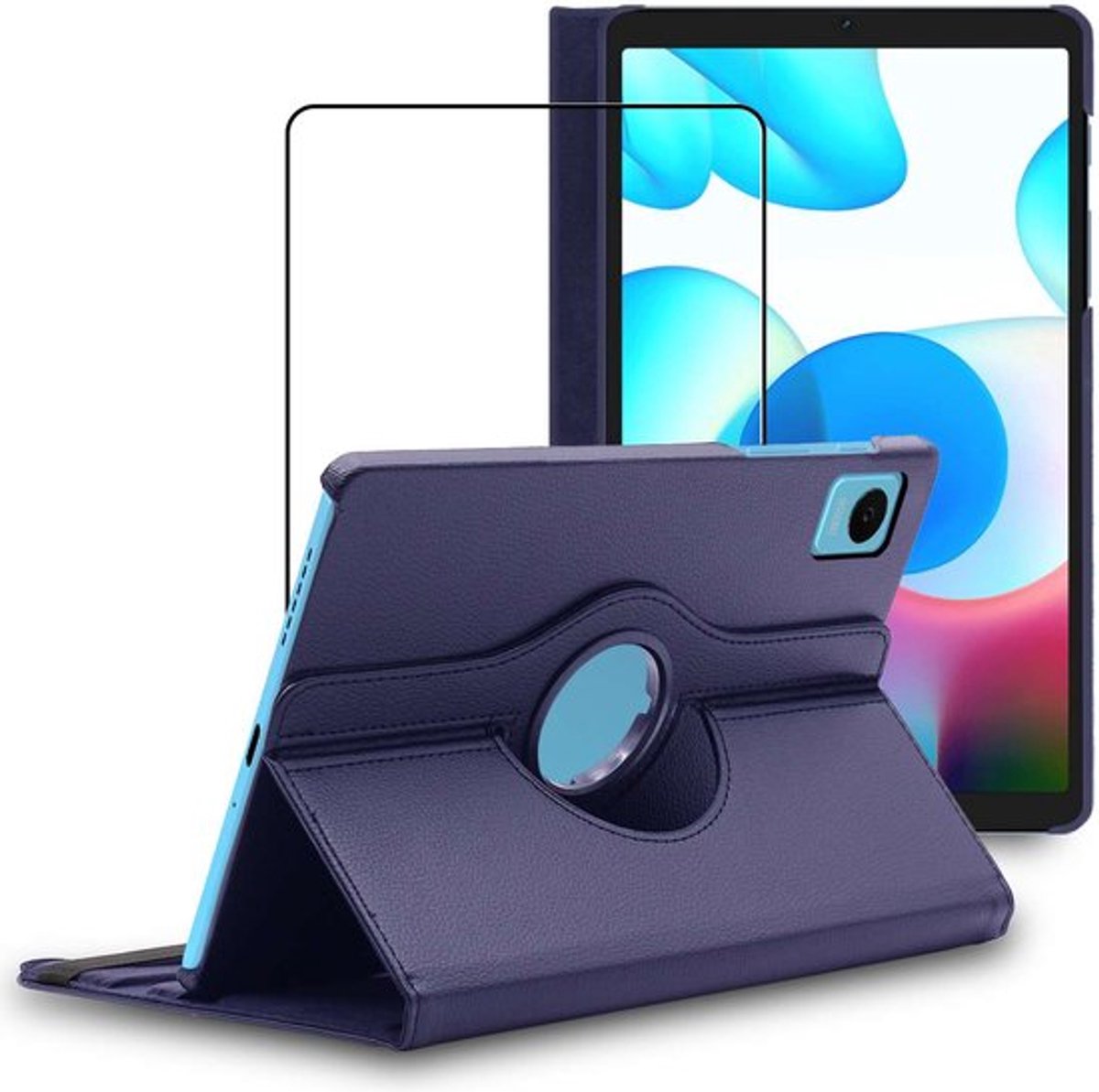 ebestStar - Hoes geschikt voor Realme Pad mini 8.7 (2022), Roterende Etui, Case, 360° Draaibaar hoesje, Donkerblauw + Gehard Glas