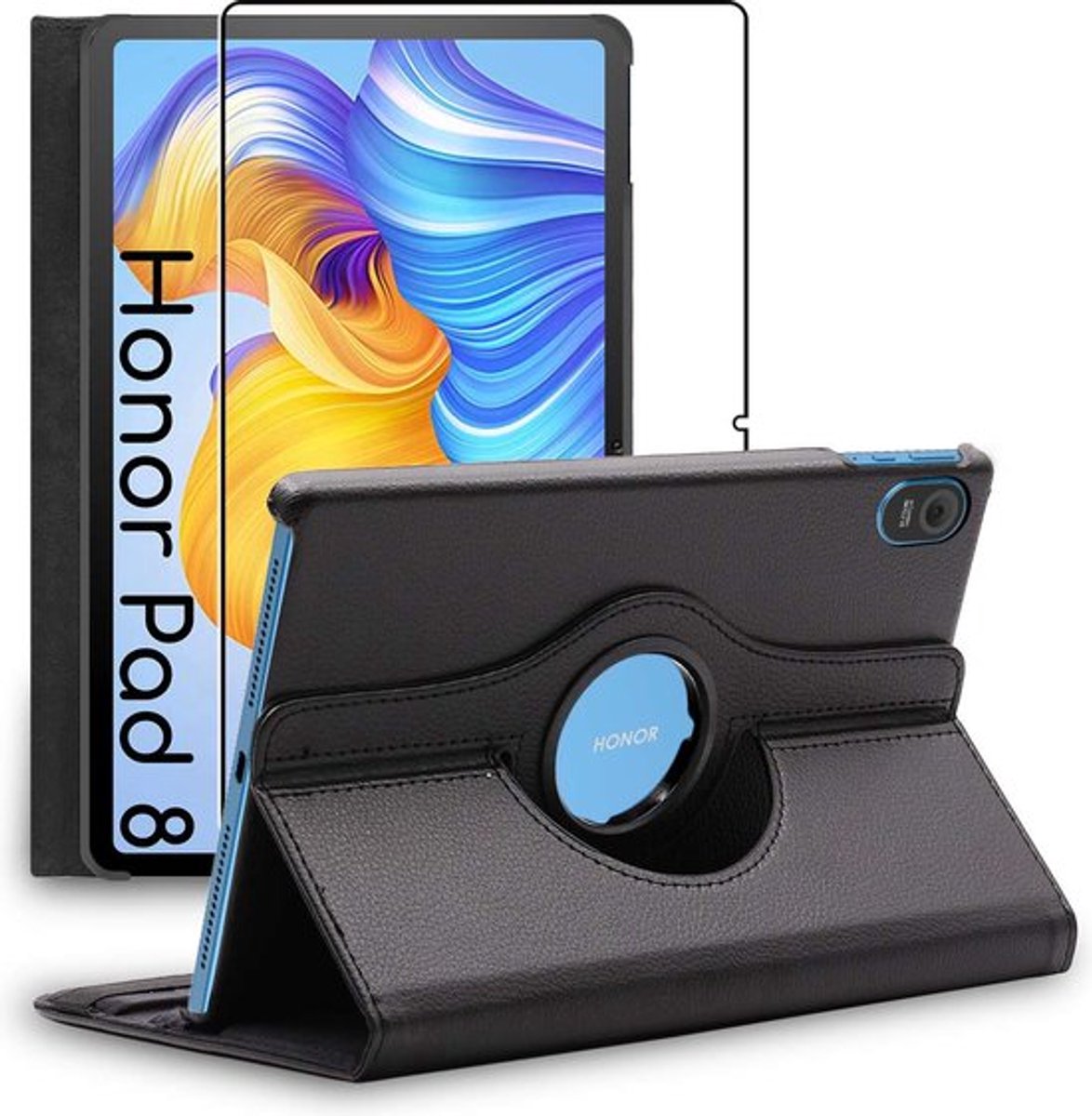 ebestStar - Hoes geschikt voor Honor Pad 8, Roterende Etui, Case, 360° Draaibaar hoesje, Zwart + Gehard Glas