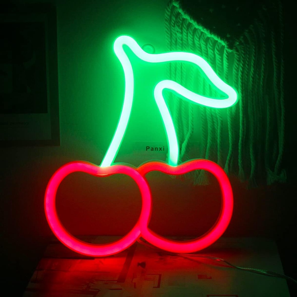 SnelShoppen - Neon Cherry Sign - LED Neon Lamp voor Jongens en Meisjes - Rood Groene Wanddecoratie - 22x20 cm - Makkelijk te Installeren voor Kinderka
