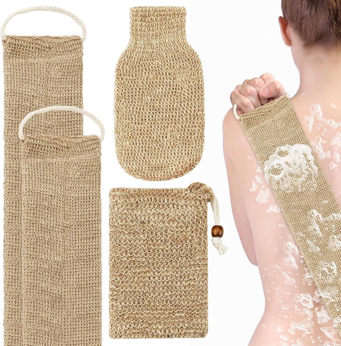 SnelShoppen - Body Exfoliating Glove Set, Natuurlijke Paardenharen Handschoen, Exfoliërende Jute Hessian, Zeepzak, Badaccessoires voor Rug en Lichaam,