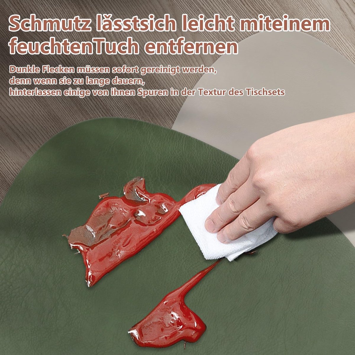 SnelShoppen - Set van 4 Afwasbare Placemat Imitatieleer met Onderzetters, Dubbelzijdig en Waterdicht, Antislip Ovaal, Lederlook, Groen + Lichtgrijs vo