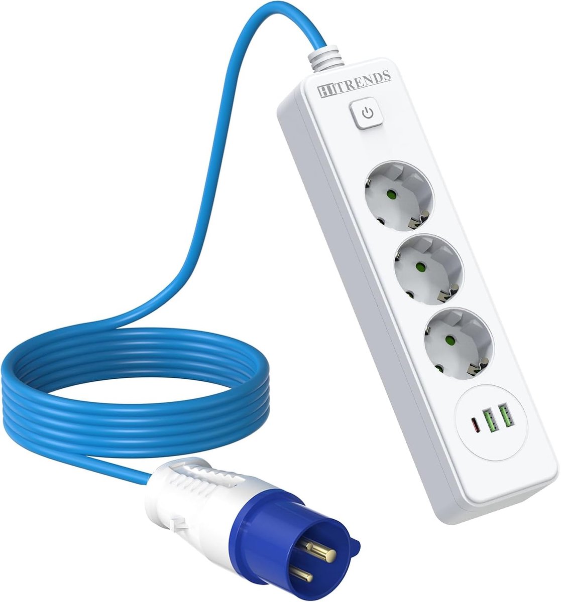 SnelShoppen - 3-Weg CEE Stopcontact met 3-Pins Stekker | 10A 220V 2500W | 5m Campingkabel (3x1.5mm², Blauwe Flexibele Kabel) | Veilige Aansluitconnect