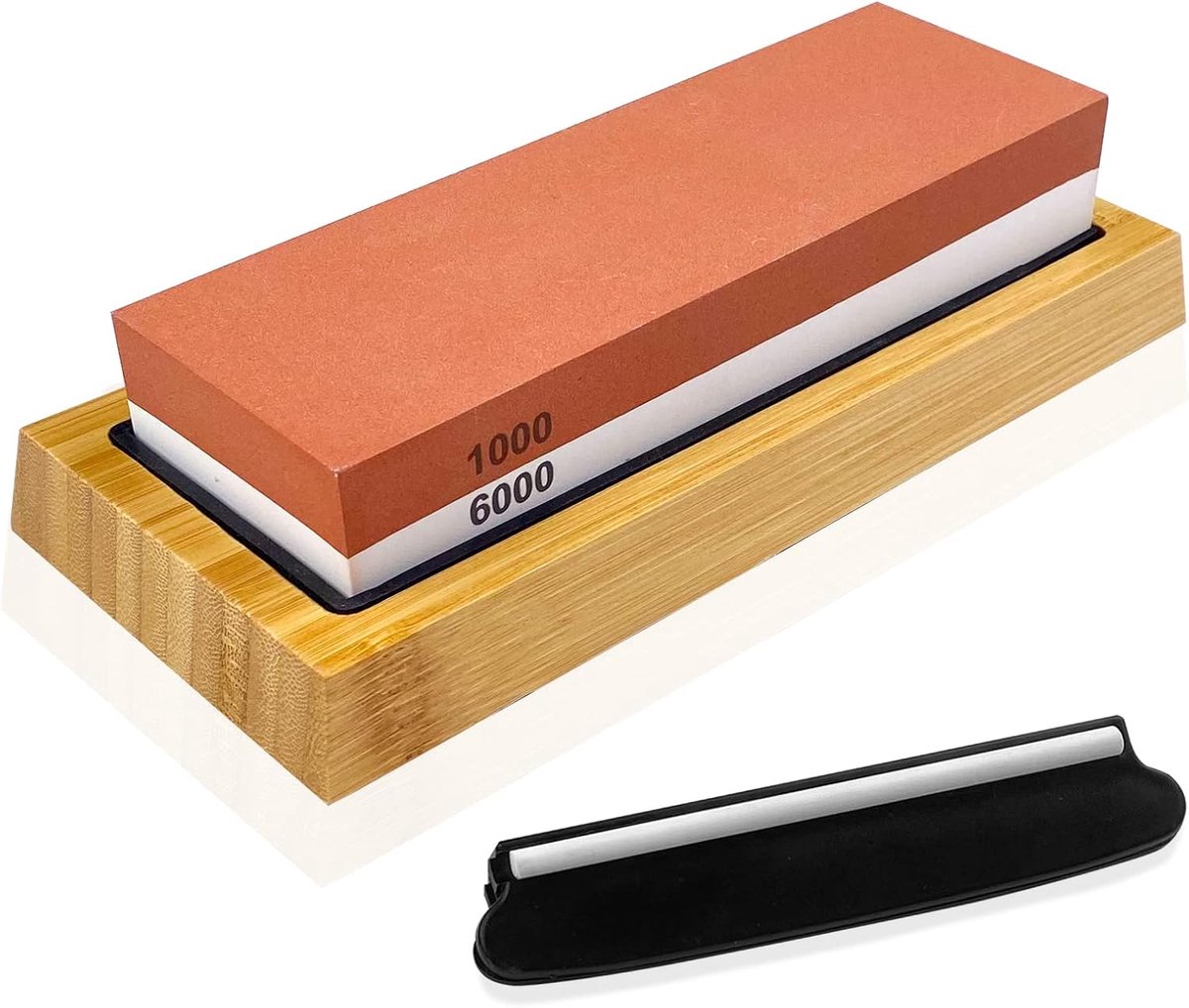 SnelShoppen - Professionele 2-in-1 slijpsteen 1000/6000 voor messen, met anti-slip bamboe basis, siliconen mat en hoek verstelbare locator, ideaal voo