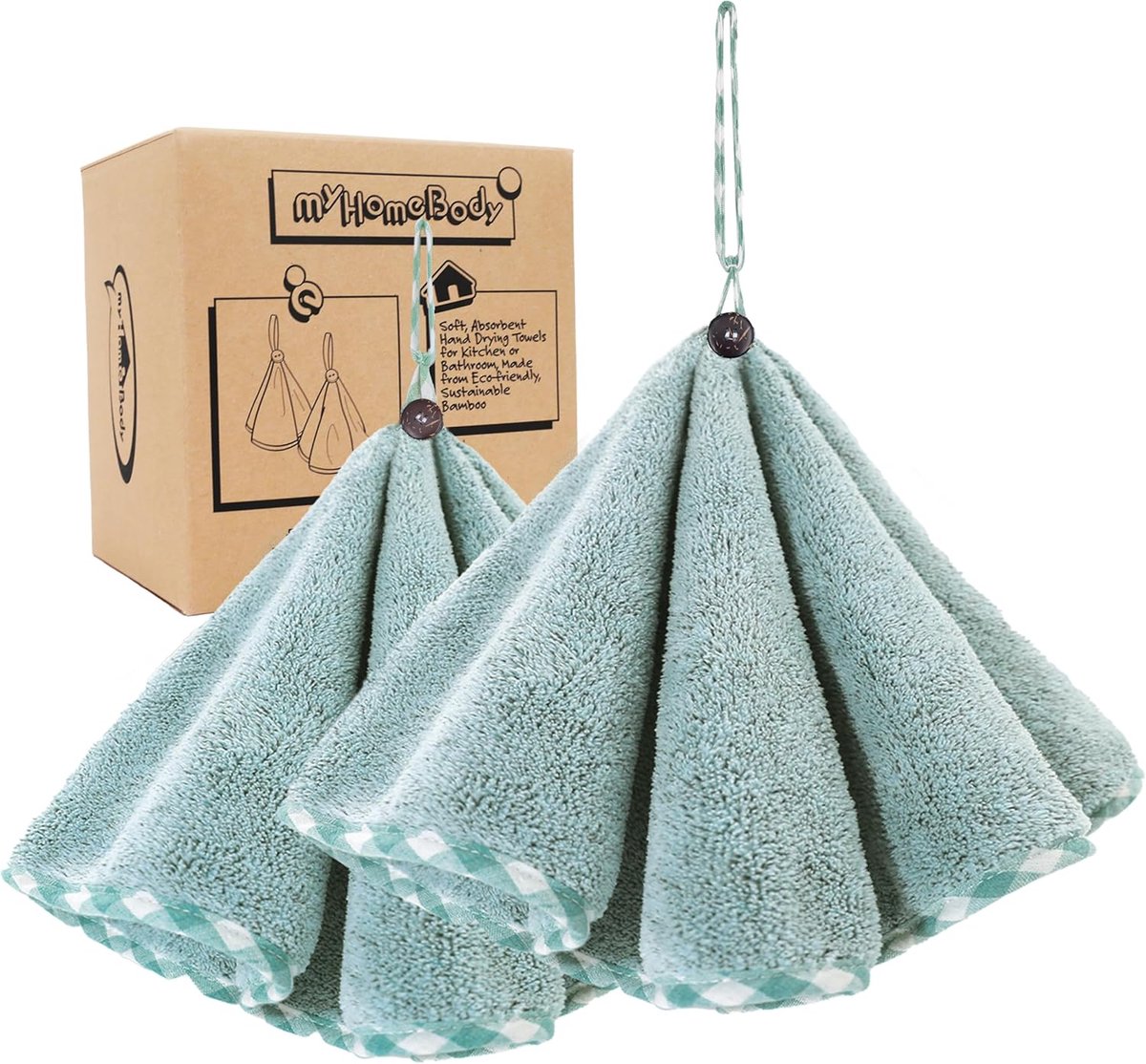 SnelShoppen - Zachte en Absorberende Bad- en Keukendoeken met Ophanglus | Set van 2 Ronde Handdoeken van Charcoal Fiber met Kokosnootknop in Dennengro