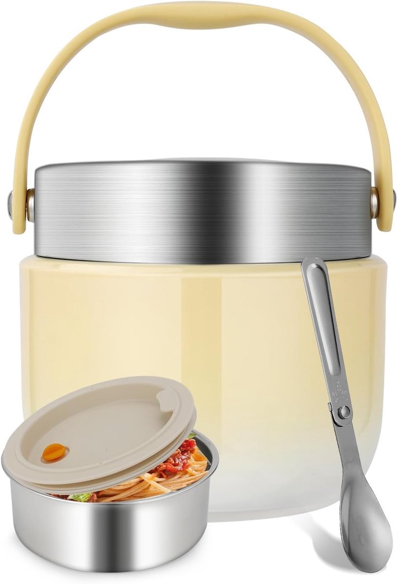 SnelShoppen - 1200ml Warming Container, Isolerende RVS Lunch Box met Opvouwbare Lepel, Houdt Eten Warm voor School, Kantoor, Buitenshuis - Geel