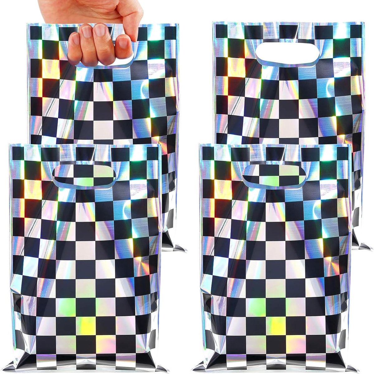 SnelShoppen - 50 Glanzende Geruite Cadeauzakjes Raceautothema 17x25 cm - Zwarte Laserkaro Uitlegzakjes voor Kinderverjaardagen, Feestdecoratie, Trakta