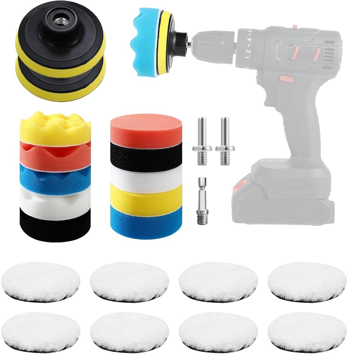 SnelShoppen - 23-delige auto polijstset met 80 mm pads - incl. polijstopzetstuk accuschroevendraaier, boormachine-adapter, klittenbandsysteem - ideale