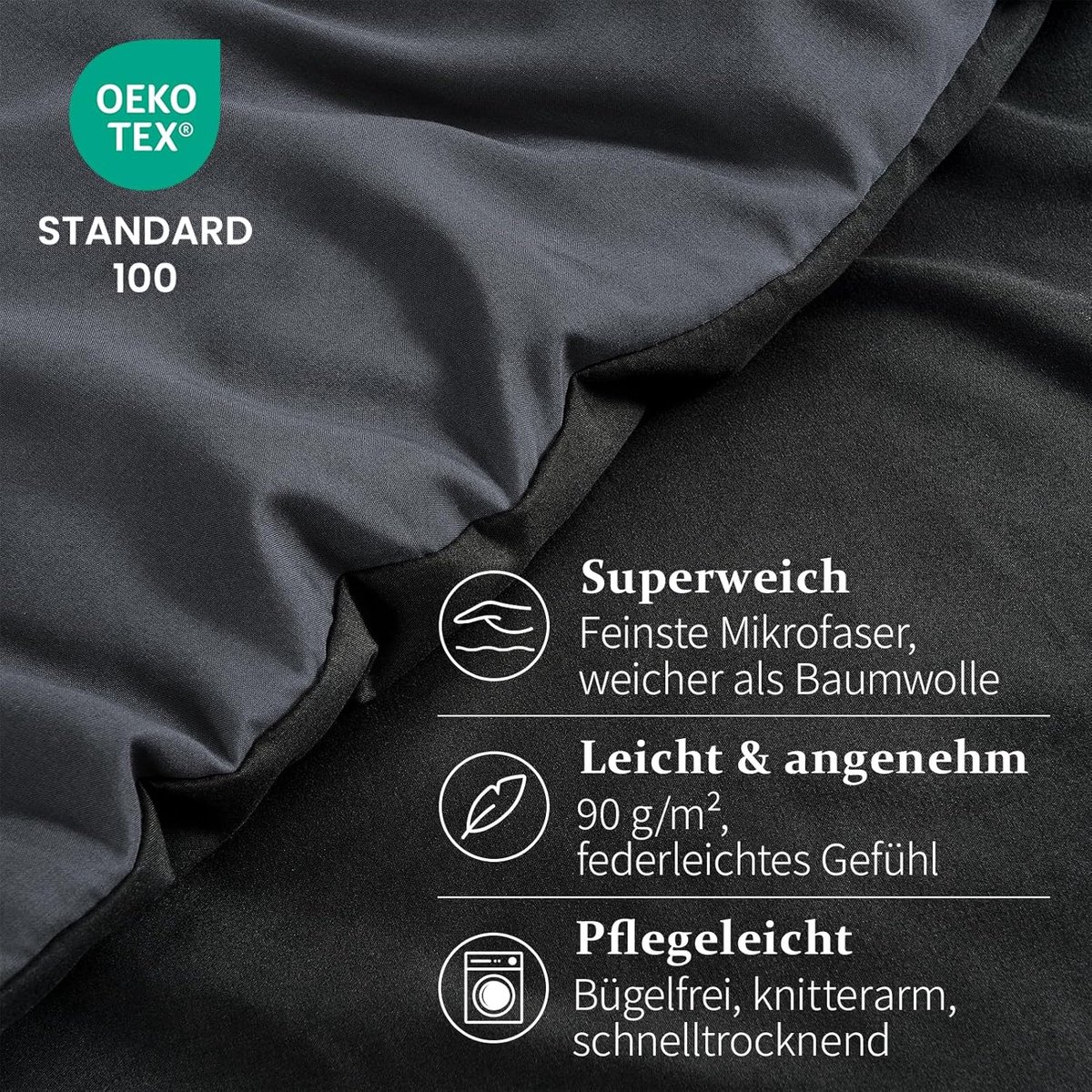 SnelShoppen - Duvet Cover 200x200 cm, Zwart/Grijs, Superzacht, Dubbelzijdig Ontwerp A/B met Rits, Oeko-Tex Gecertificeerd, Inclusief 2 Kussenslopen 80