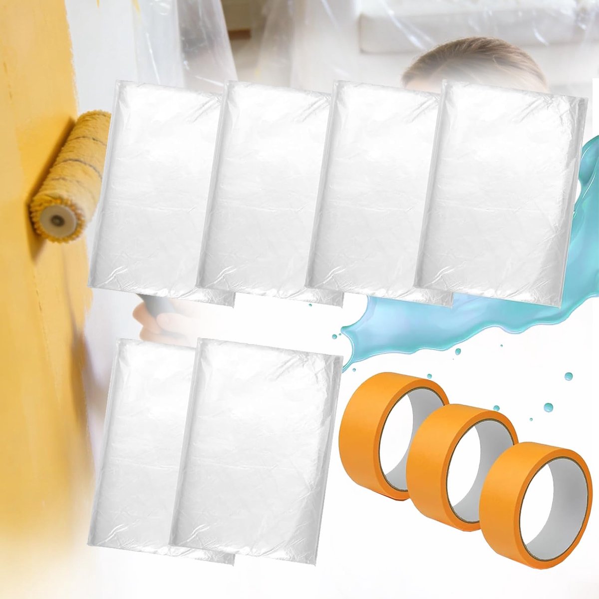 Thijox - 6 Stuks Afdekfolie voor Schilderen 4x5m Transparant met 3 Rollen Afplaktape 35mm x 20m - Ideaal voor Verbouwing, Verhuizing, Klussen