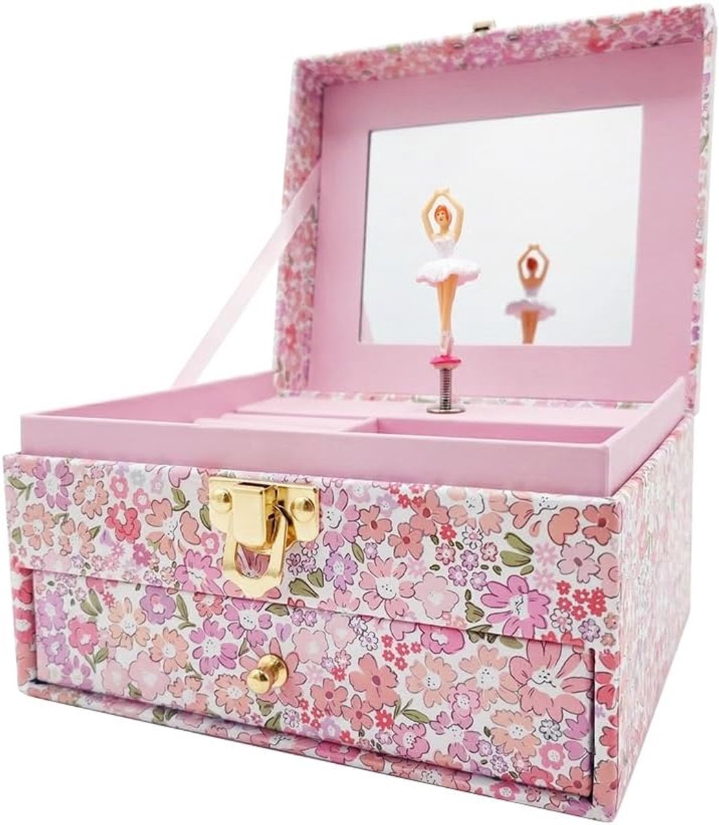 SnelShoppen - Meisjes Sieradenbox Muziek Ballerina Met Spiegel, Bloemen, Extra Lade Voor Armbanden, Ringen, Kinderen, Cadeau Idee, Feest, Magisch Mome