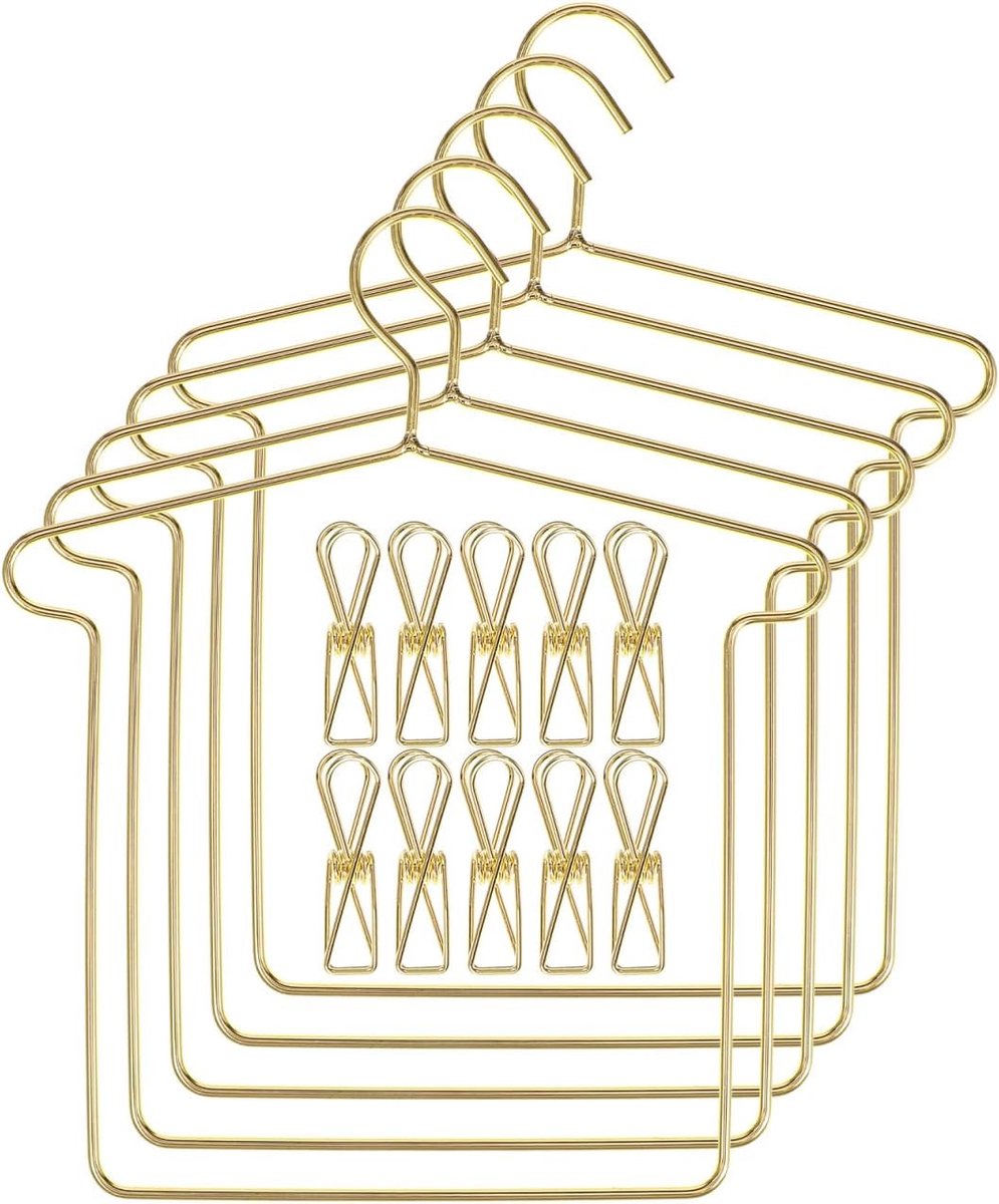 SnelShoppen - 5 Sets Mini Baby Doll Clothes Hangers met Clips - Miniatuur Kledinghangers voor Poppen - IJzer, Goudkleurig, Perfect voor Poppenhuis, Ki