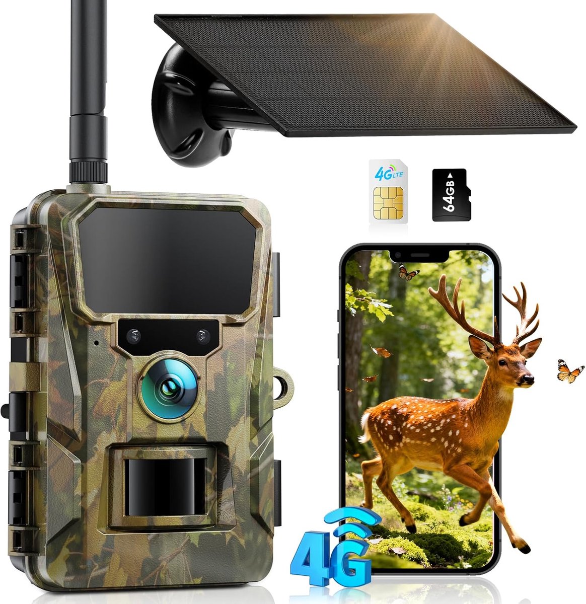 SnelShoppen - 4G LTE Wildcamera met Live Feed, 2K 48MP Solar Trail Camera, 64GB TF & SIM Kaart, Bewegingsgeactiveerde Natuurcamera, 5200mAh Batterij,