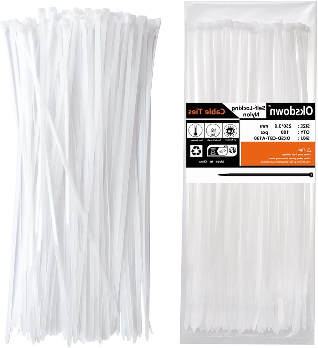 100 Stuks Sterke Witte Kabelbinders 250mm x 3.6mm - Nylon Plastic Zelfsluitend voor Organisatie en Beveiliging