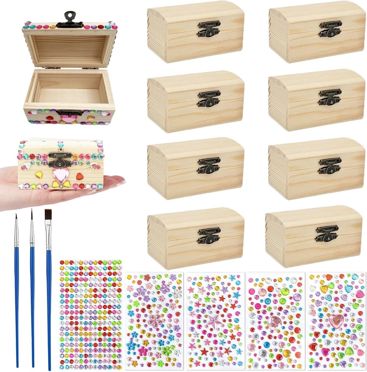 Set van 10 Houten Sieraden Dozen, Mini Schatkist met Deksel, Ideaal voor Opslag en Decoratie met Stickers en Penseel