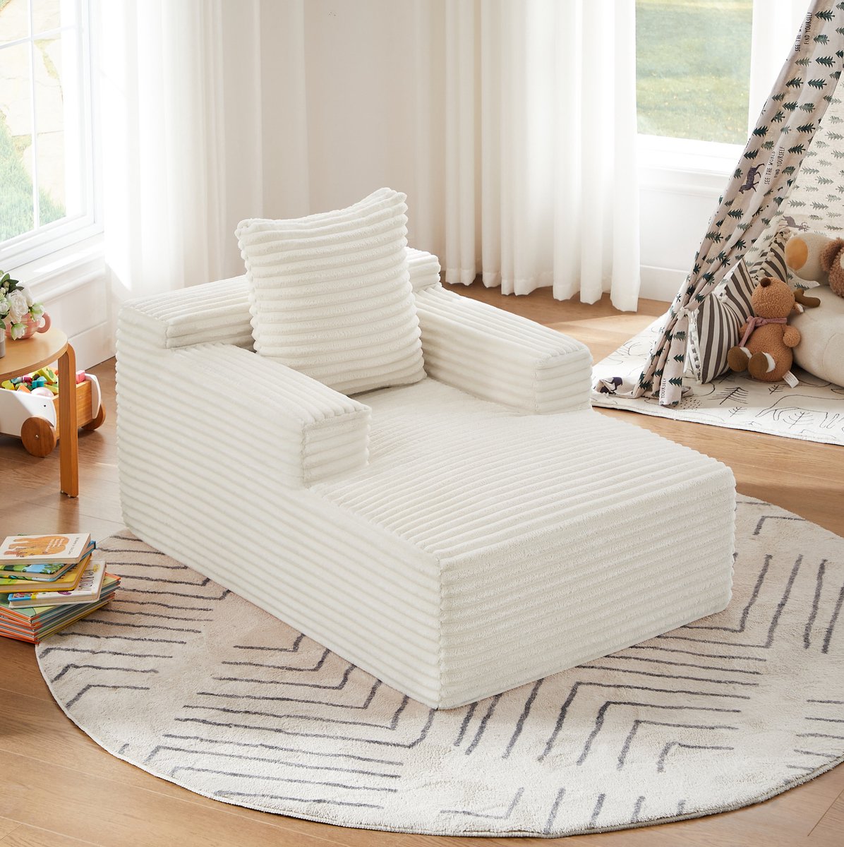 HAUSS SPOLE Chaise Longue - Moderne Ribstof Ligstoel Met Armleuningen En Zachte Vulling - Voor Woonkamer, Kantoor En Appartement - Wit