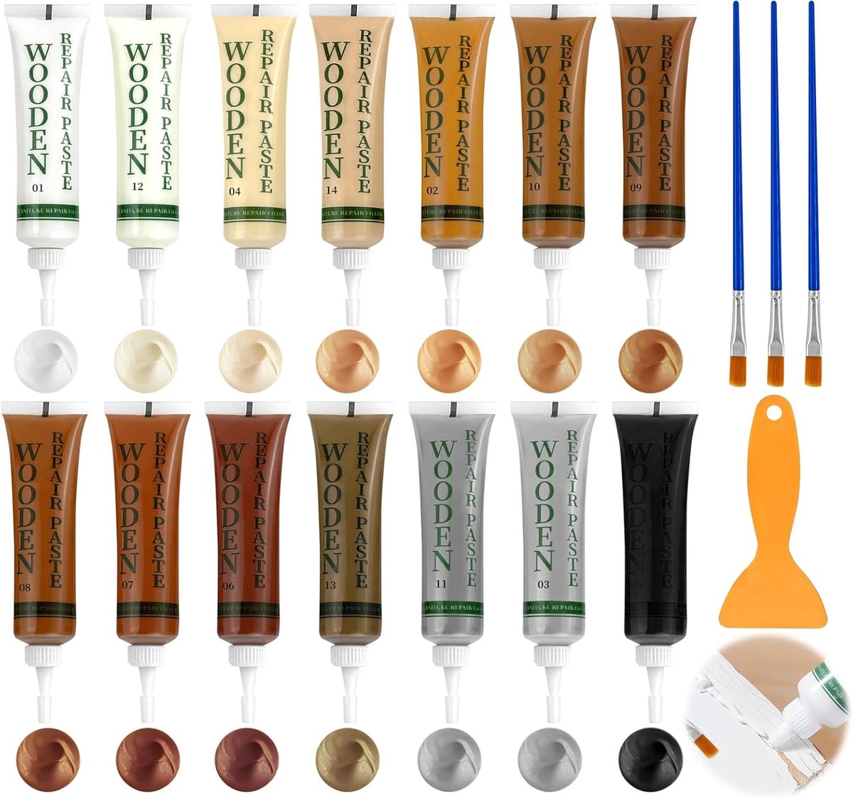 SnelShoppen - Laminaat Reparatie Kit, Parket Reparatie Kit 14 Kleuren, Hout Reparatie Kit voor Vloeren, Meubels, Krassen en Gaten, Inclusief Kwasten e