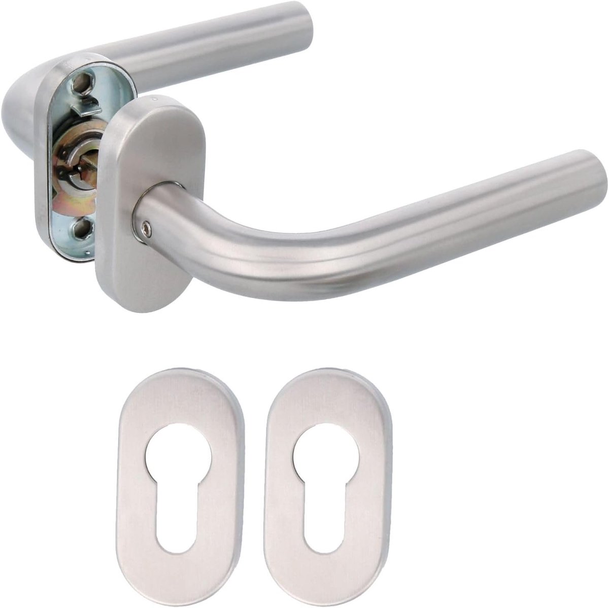 SnelShoppen - Deurhendel Set - 2x Mat RVS Deurknop met Ovale Platen en Nickelkleurige Rosetten - 136x19mm - Hoogwaardige 18/8 Roestvrij Staal - Perfec