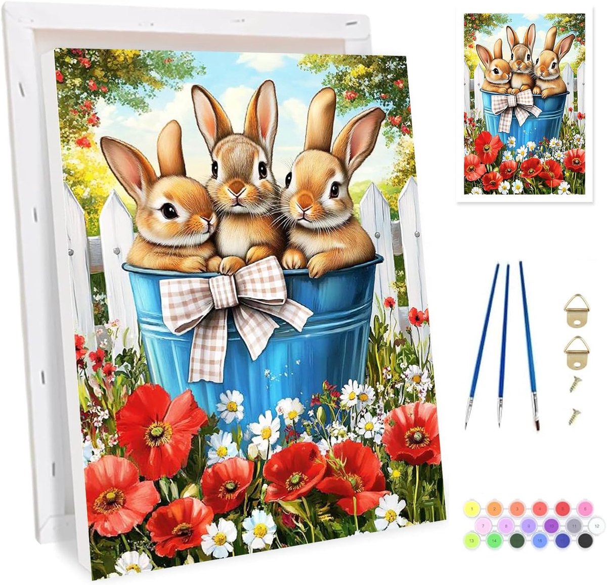 SnelShoppen - Paint by Numbers Set voor Volwassenen - Pasen Drie Konijnen Met Lijst - DIY Schilderen op Canvas Kit - Acrylverf en Penseelset voor Begi