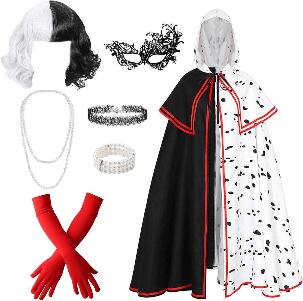 Dames Kostuum Set met 8 Stukken, Zwart-Witte Peruca, Cape, Handschoenen, Masker en Accessoires voor Halloween en Feestjes