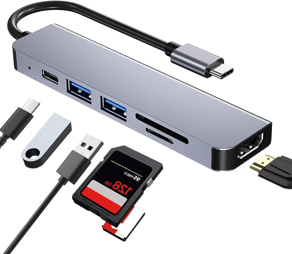 Multi Port USB C Hub 6 in 1 Adapter voor Laptop met HDMI 4K, USB 3.0, PD 100W en SD/TF Lezer