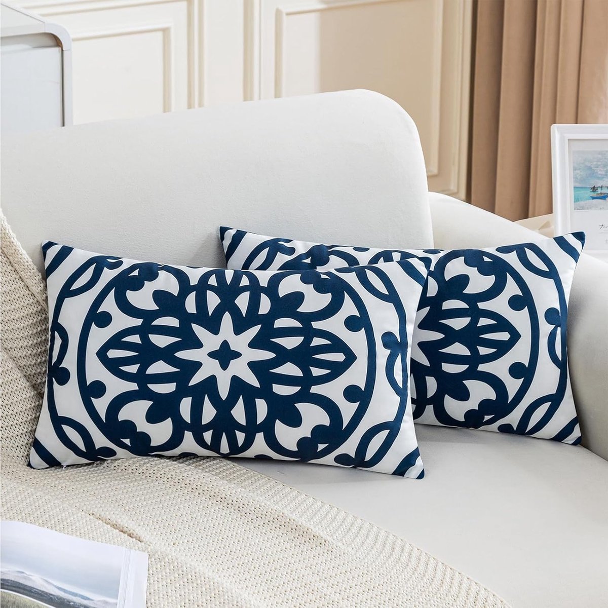 Decoratieve Kussenslopen 30 x 50 cm in Navy Blauw, Velvet Boho Mandala Design voor Woonkamer en Bank - Set van 2 Kussenslopen