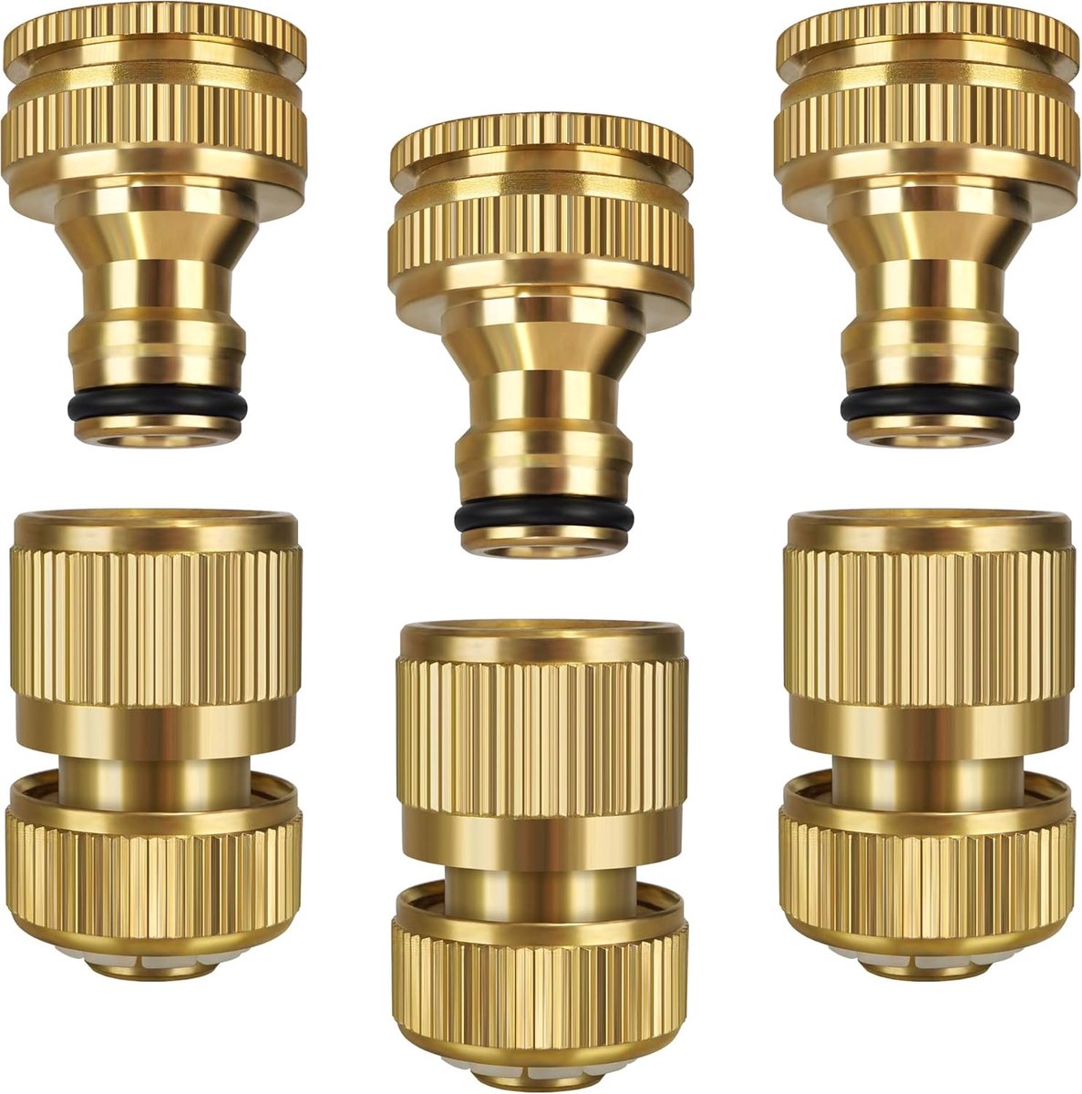SnelShoppen - Tuinslang Connector - 1/2 Inch en 3/4 Inch 2-in-1 Messing Tuin Kraan Connector - Snelle Aansluitingen met Rubberafdichtingen - 6 Stuks