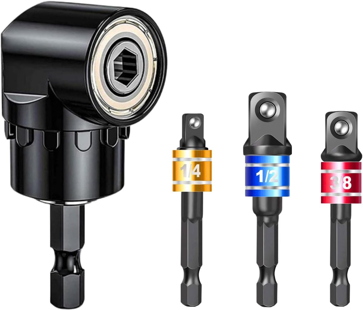 SnelShoppen - 105° Hoek Schroevendraaier met 1/4" Hex Shank Adapter + 3 Socket Adapters (1/4", 1/2", 3/8") - Ideaal voor Moeilijk Bereikbare Plaatsen