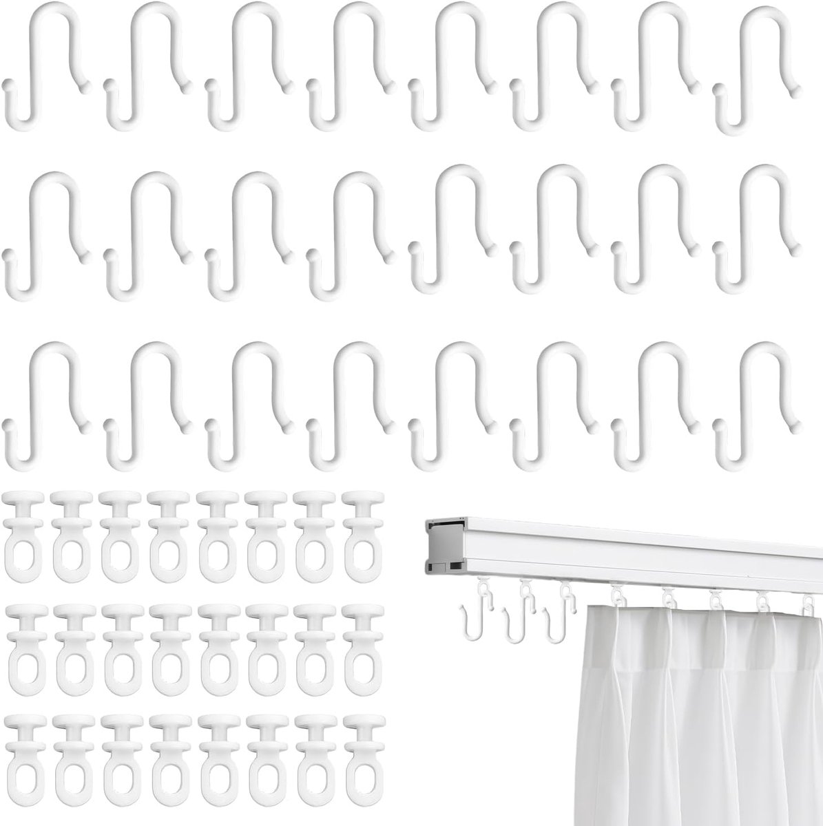 SnelShoppen - 24 Stuks Plastic Gordijnhaken en Rolletjes - Flexibele Haakjes voor Glijdende en Rolsystemen - Ideaal voor Badkamer en Woonkamer - Duurz
