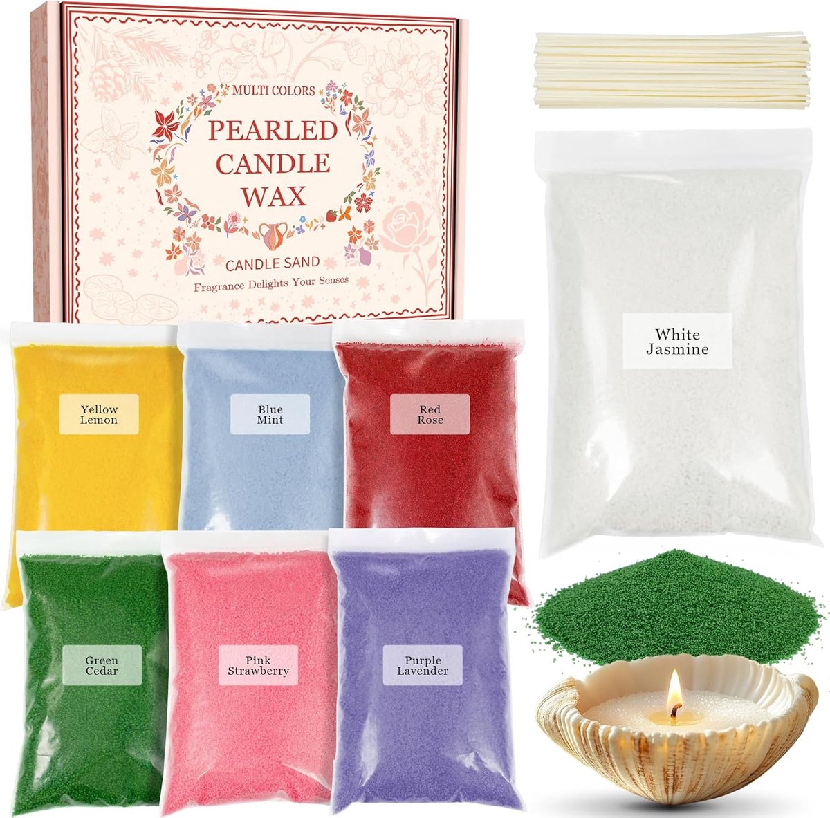 SnelShoppen - Scent-Hi Geurkaarsen Zand Set, 7 Kleuren, 1.1 kg, Geurkaars Zand met 15 Lontjes, Wax Granules voor DIY Kaarsen, Jasmijn, Lavendel, Roze,