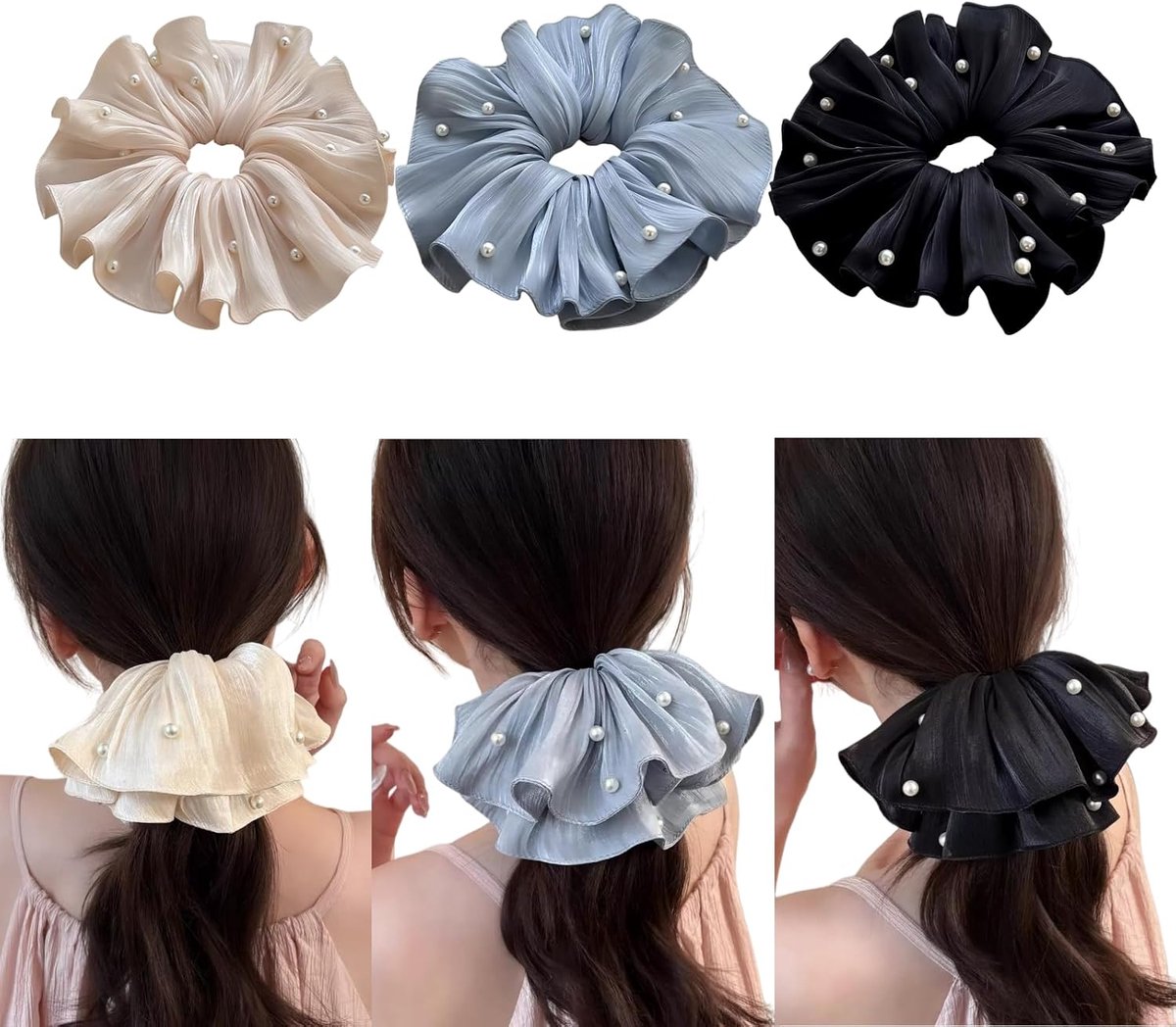 SnelShoppen - Set van 3 satijnen haarelastiekjes met parels voor dames - Luxe scrunchies in blauw, zwart en beige - Perfect voor elke gelegenheid