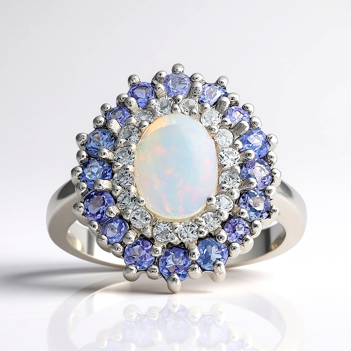 Cavill - Zilveren ring met Welo opaal 0,724 ct - 925 Sterling zilver gerhodineerd - Met tanzaniet en witte topaas - Verstelbare damesring