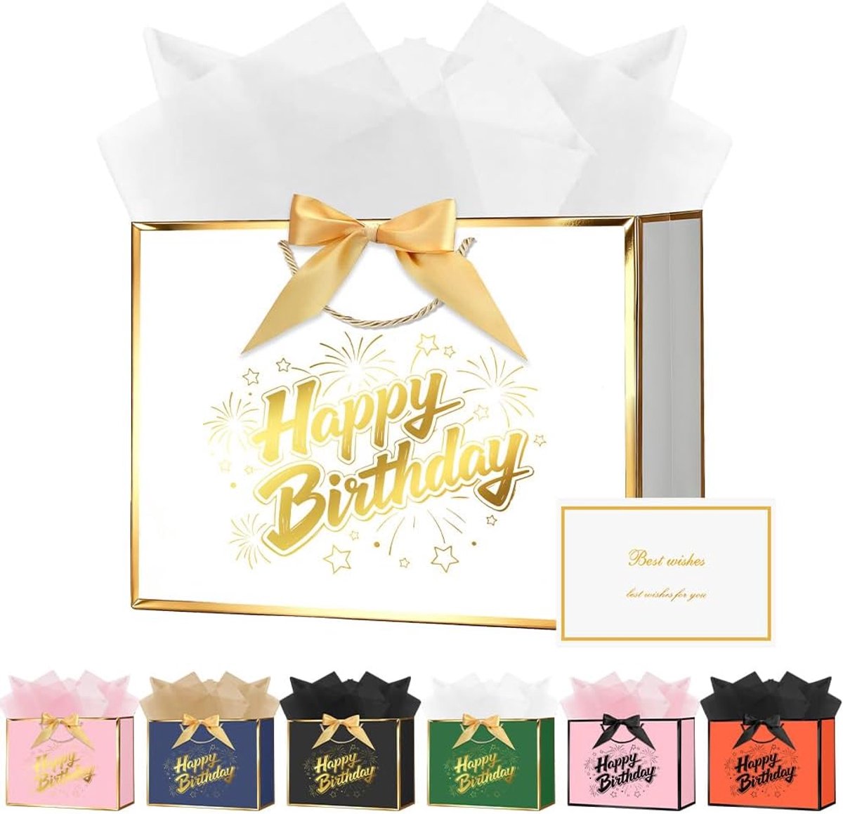 SnelShoppen - Verjaardag Cadeau Set met Papieren Gift Bags, 3 Tissue Papieren, Handvatten, 28x20x10 cm, Compleet met Wenskaart voor Vrouwen en Meisjes